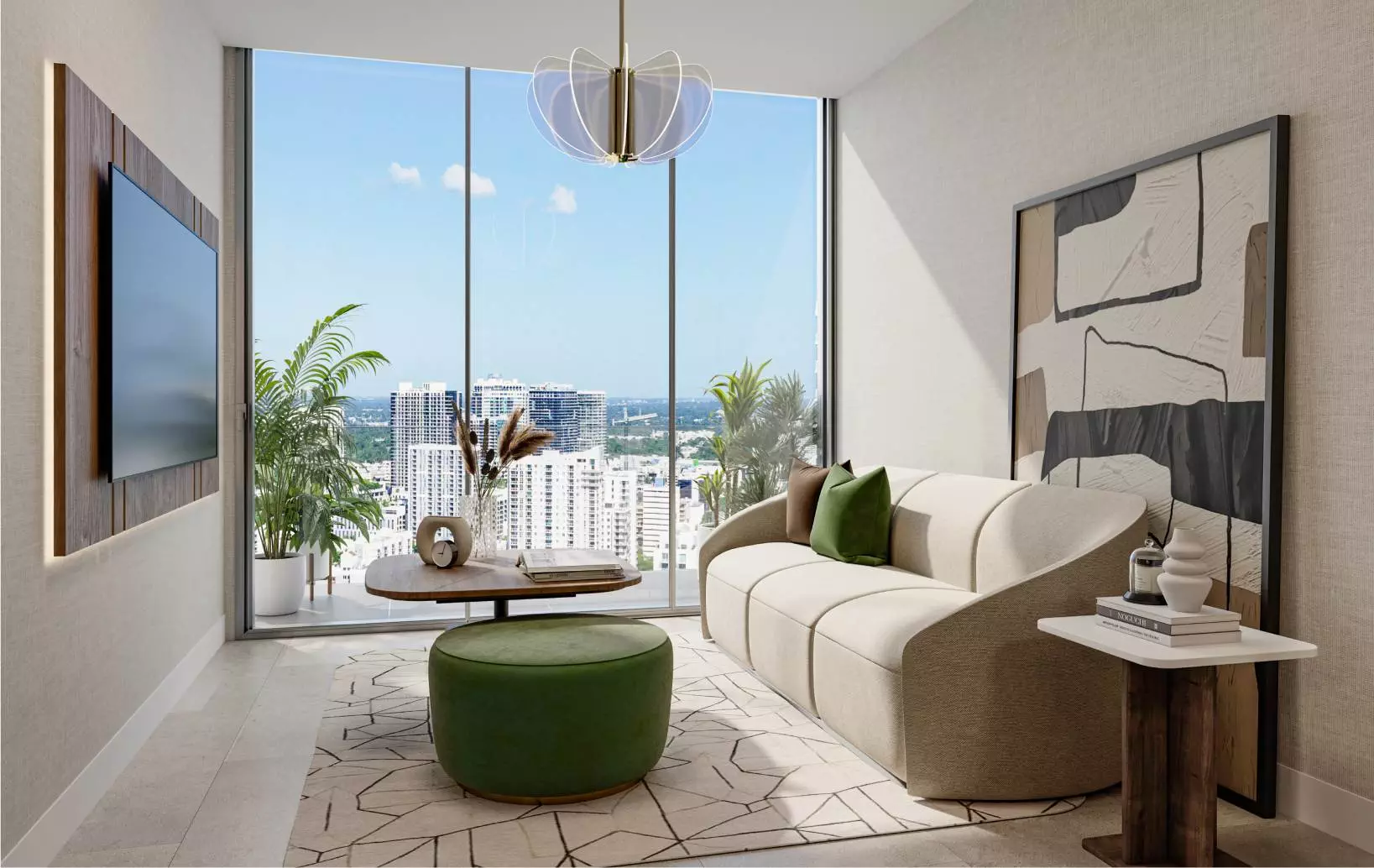 A modern living room with a minimalist design, featuring a comfortable beige sofa, a green ottoman, and a round coffee table.